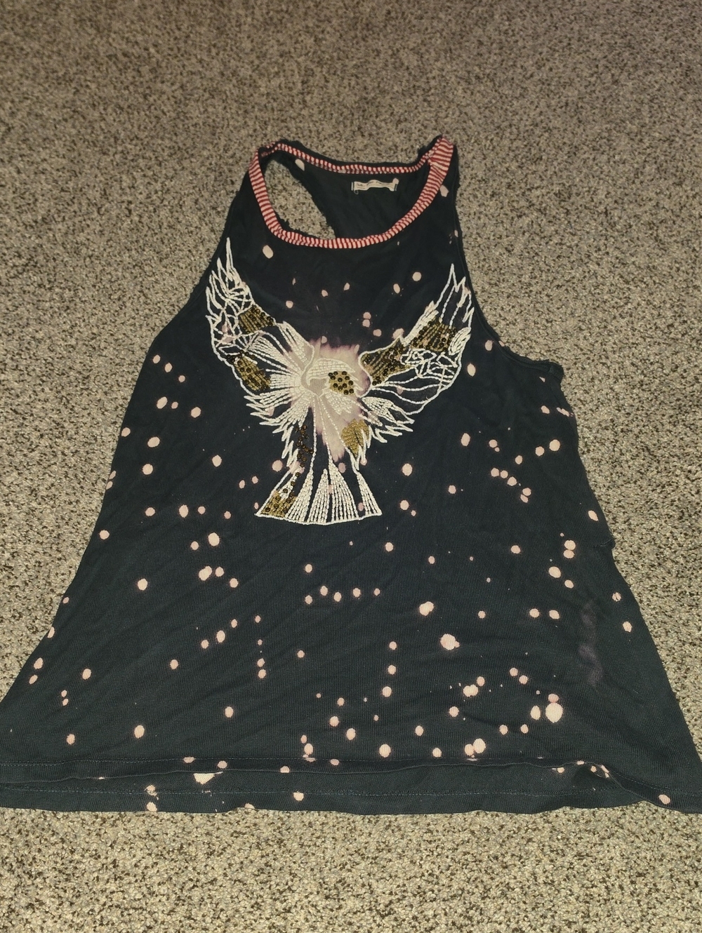 We The Free Blue Bleach-Spot Tank with Embroidered Bird Usa America Vibe Medium